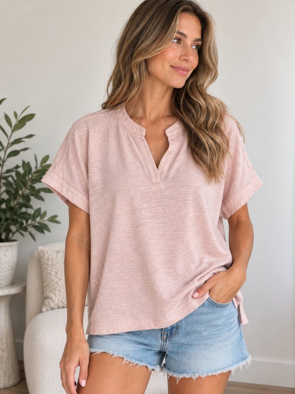 Tamara H Blush Pink Oversized Split Neck Top
